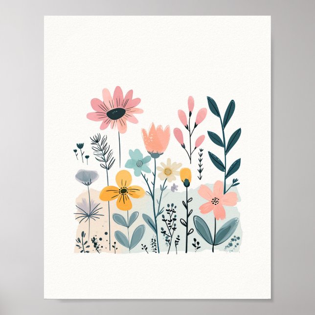 Cute Cartoon Flowers Watercolor Floral Hand Draw Poster (Front)