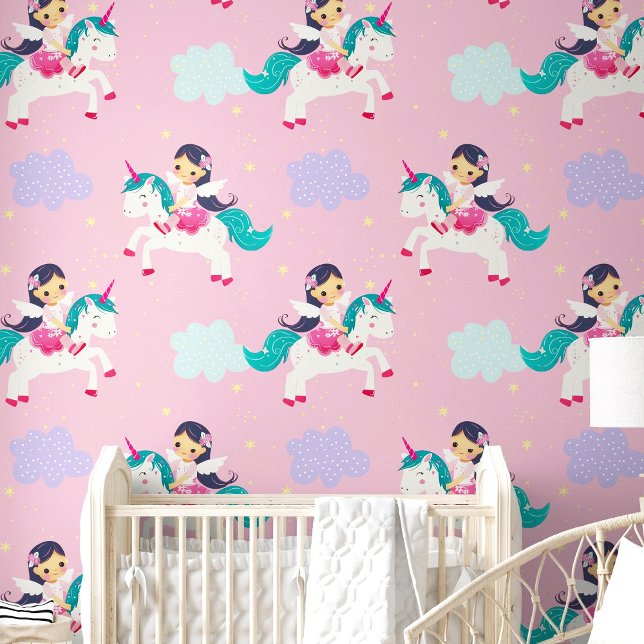 Cute Cartoon Flying Unicorn Pink Nursery Room Wallpaper (Cute Cartoon Flying Unicorn Pink Nursery Room Wallpaper)