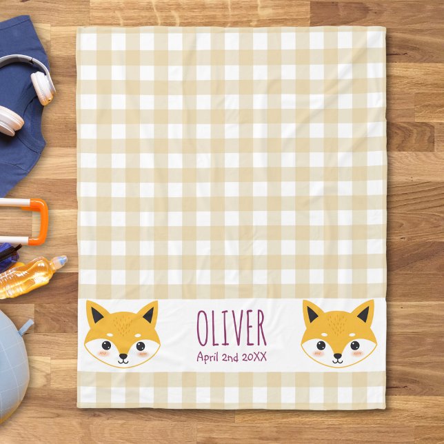  Cute Cartoon Fox Head Gingham Name Birth Fleece Blanket (Creator Uploaded)