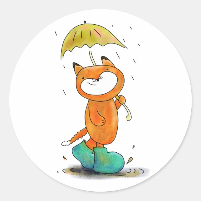 cute cartoon fox in the rain with umbrella classic round sticker (Front)
