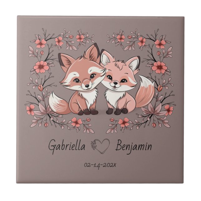 Cute Cartoon Fox Lovers Heart Valentine’s Day Tile (Front)