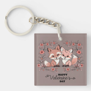 Cute Cartoon Fox Lovers Hearts Valentine’s Day Key Ring