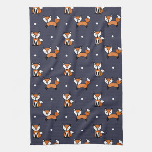 Cute Cartoon Fox Pattern on Midnight Blue Tea Towel