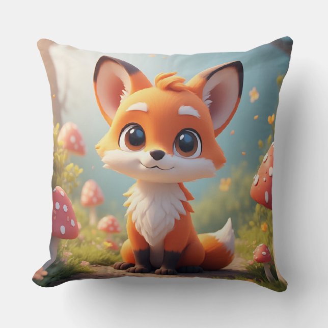 Cute Cartoon Fox Sitting On Forest Path Cushion (Front)