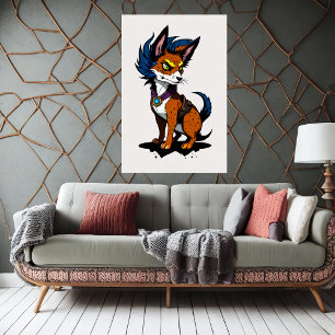 Cute Cartoon Fox with Blue Hair   AI Art Poster
