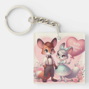Cute cartoon foxes Valentine's day Key Ring