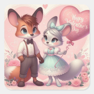 Cute cartoon foxes Valentine's day Square Sticker