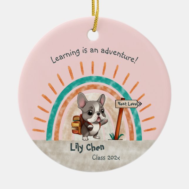 Cute Cartoon French Bulldog Back to School student Ceramic Tree Decoration (Front)