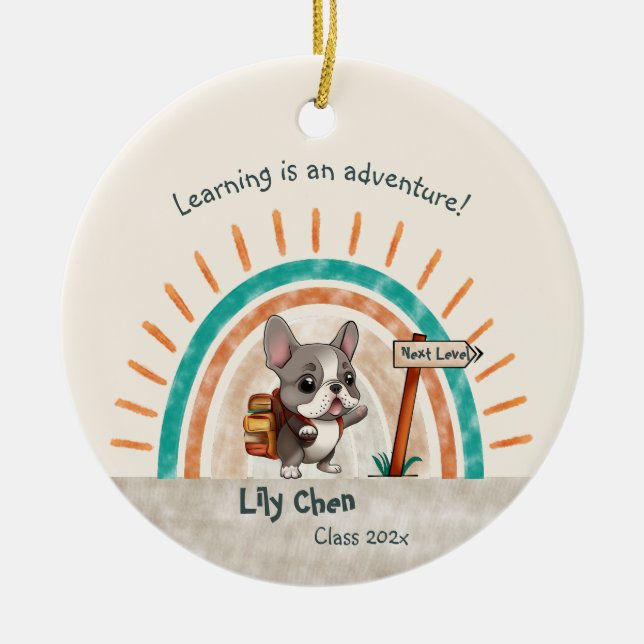 Cute Cartoon French Bulldog Back to School student Ceramic Tree Decoration (Front)