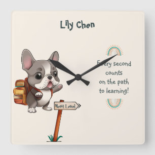 Cute Cartoon French Bulldog Back to School student Square Wall Clock