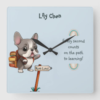 Cute Cartoon French Bulldog Back to School student Square Wall Clock