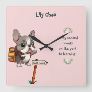 Cute Cartoon French Bulldog Back to School student Square Wall Clock