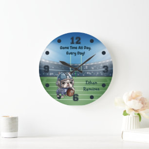 Cute Cartoon French bulldog quarterback  Stadium  Large Clock