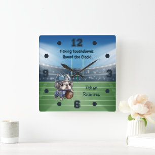 Cute Cartoon French bulldog quarterback Stadium Square Wall Clock
