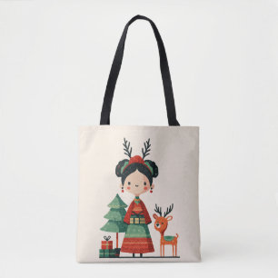 Cute Cartoon Frida Kahlo Retro Minimalist Xmas Tote Bag