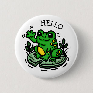 Cute Cartoon Frog on Lily pad saying Hello 6 Cm Round Badge