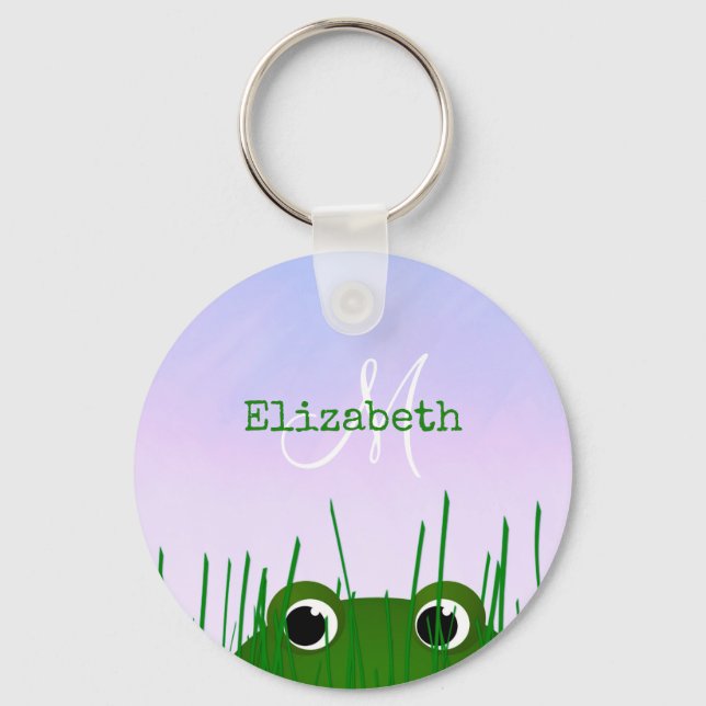 Cute cartoon frog peeking thru grass personalized key ring (Front)