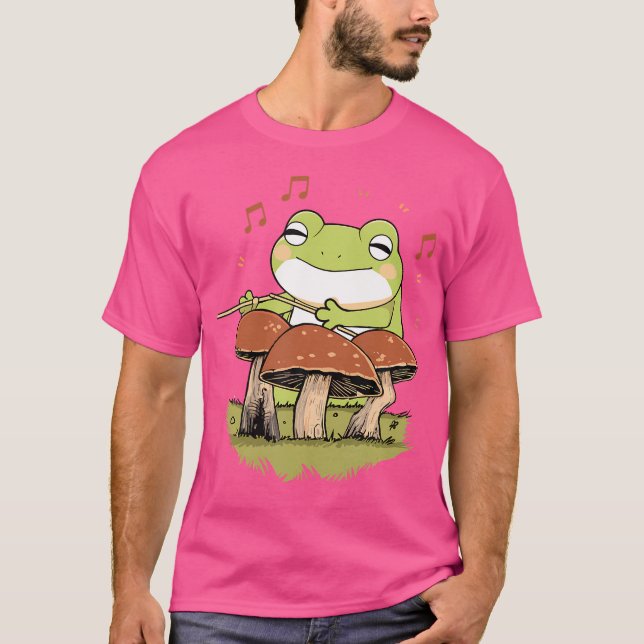 Cute Cartoon Frog Playing On Drum Mushroom T-Shirt (Front)