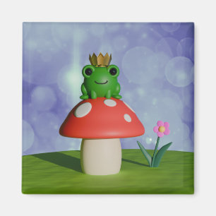 Cute Cartoon Frog Wearing a Crown on a Mushroom Magnet