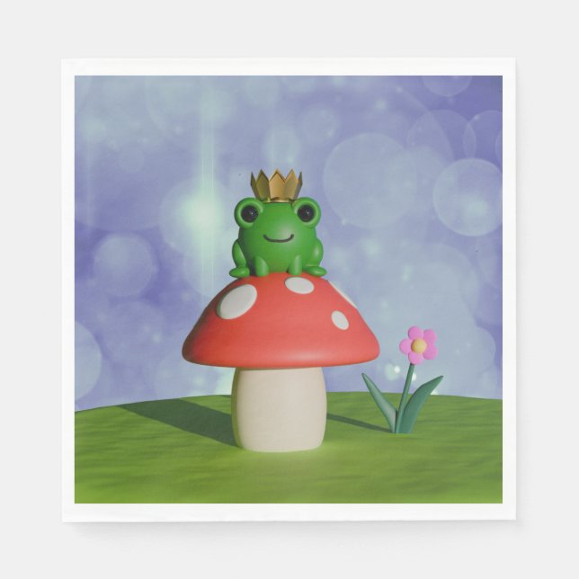 Cute Cartoon Frog Wearing a Crown on a Mushroom Napkin (Front)