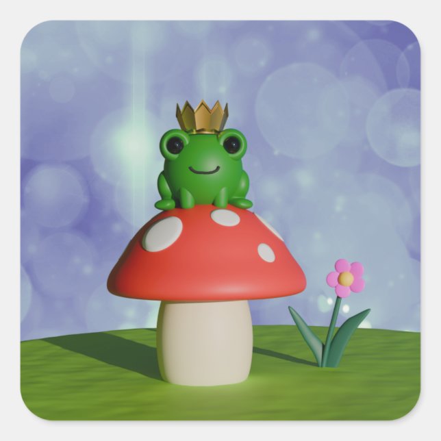 Cute Cartoon Frog Wearing a Crown on a Mushroom Square Sticker (Front)