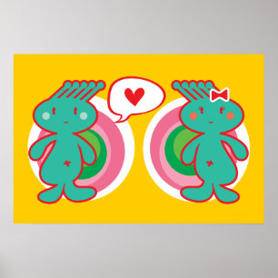 Cute Cartoon Funky Green Alien Boy & Girl Couple Poster