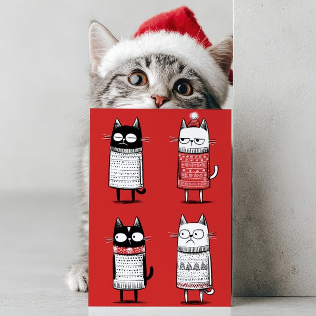 Cute Cartoon Funny Cats Lover Red Meowy Christmas  Holiday Card (Creator Uploaded)