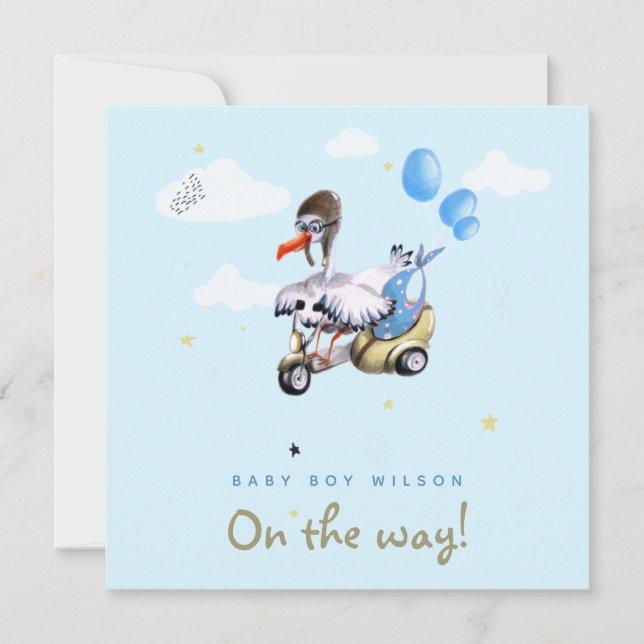 Cute Cartoon Funny Stork Scooter Boy Pregnancy Announcement (Front)