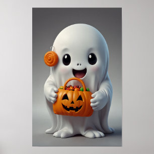 Cute Cartoon Ghost Holding a Trick-or-Treat Bag Po Poster