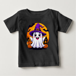 Cute Cartoon Ghost in Witch Hat with Pumpkins Baby T-Shirt