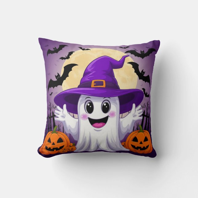 Cute Cartoon Ghost in Witch Hat with Pumpkins Cushion (Front)