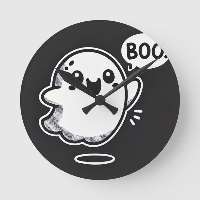Cute Cartoon Ghost Saying Boo Round Clock (Front)