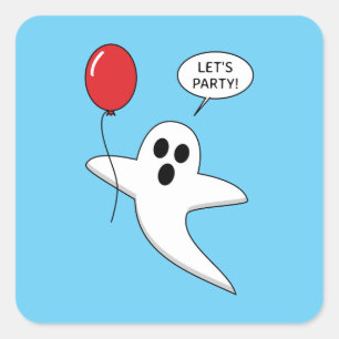 Cute Cartoon Ghost with Red Balloon Square Sticker