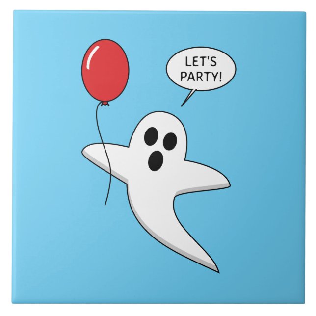 Cute Cartoon Ghost with Red Balloon Tile (Front)