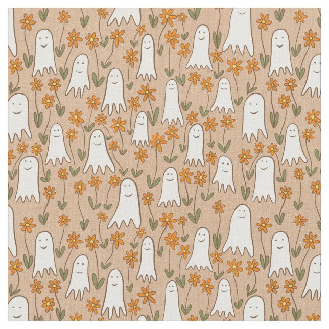 Cute Cartoon Ghosts in the Garden Halloween Fabric (Close Up)