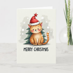 Cute Cartoon Ginger Cat in Santa Hat Christmas Car Card