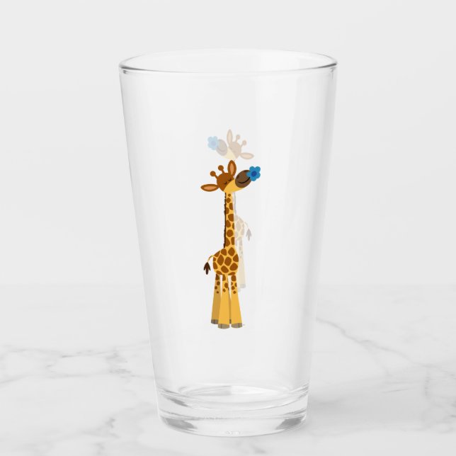 Cute Cartoon Giraffe and Blue Flower Glass Tumbler (Front)