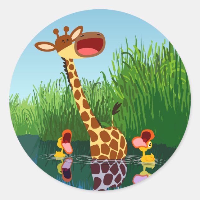 Cute Cartoon Giraffe and Ducklings Sticker (Front)