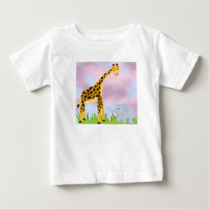 Cute Cartoon Giraffe and Elephant in a Grassy Land Baby T-Shirt