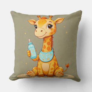 Cute Cartoon Giraffe Character Holding a Baby Bott Cushion