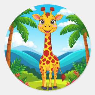 Cute Cartoon Giraffe in a Tropical Landscape Classic Round Sticker