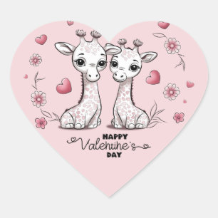 Cute Cartoon Giraffe Lovers Heart Valentine’s Day Heart Sticker