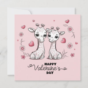 Cute Cartoon Giraffe Lovers Hearts Valentine’s Day Holiday Card