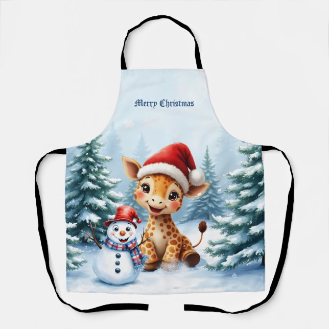 Cute Cartoon Giraffe with Santa Hat & Snowman Apron (Front)