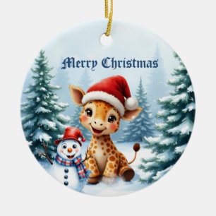 Cute Cartoon Giraffe with Santa Hat & Snowman Ceramic Tree Decoration
