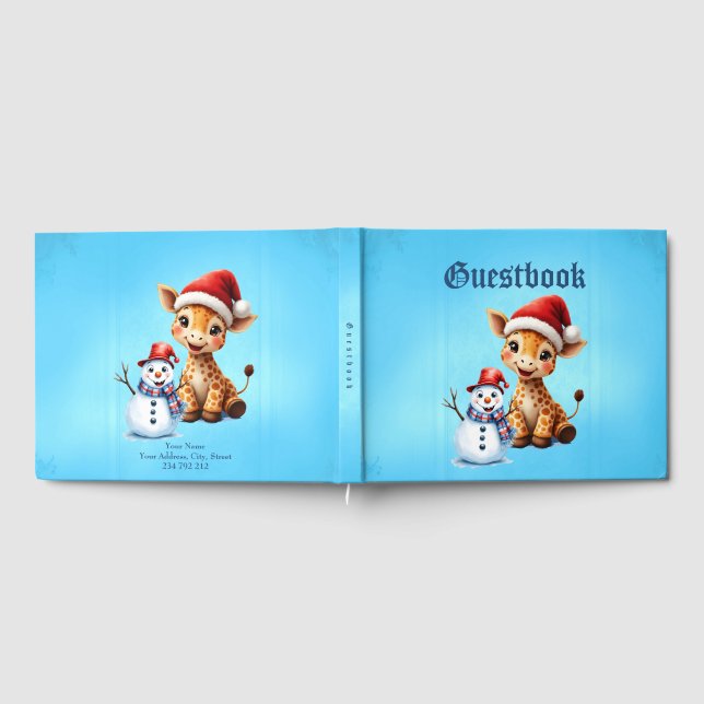 Cute Cartoon Giraffe with Santa Hat & Snowman Guest Book (Full)