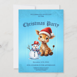 Cute Cartoon Giraffe with Santa Hat & Snowman Invitation
