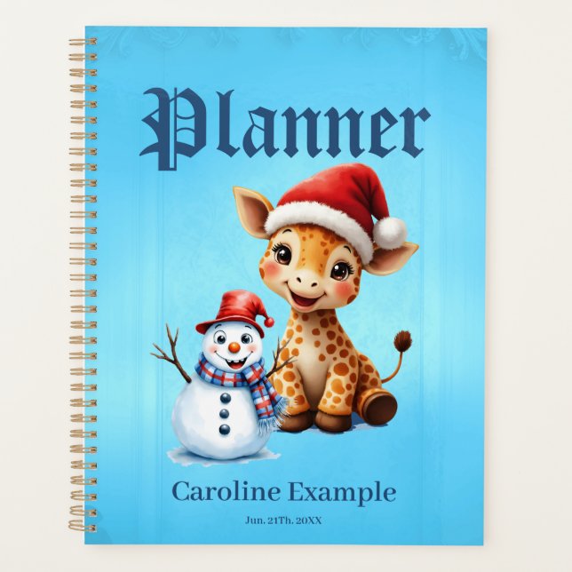 Cute Cartoon Giraffe with Santa Hat & Snowman  Planner (Front)