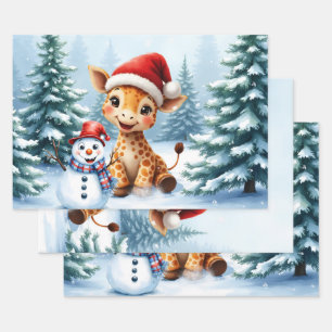 Cute Cartoon Giraffe with Santa Hat & Snowman Wrapping Paper Sheet