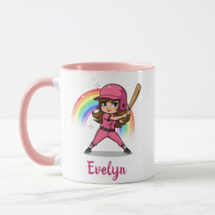 Cute Cartoon Girl Baseball Player in Pink Mug
